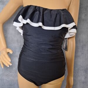 Tommy Hilfiger Black Strapless Ruffle One-Piece Swimsuit with White Trim